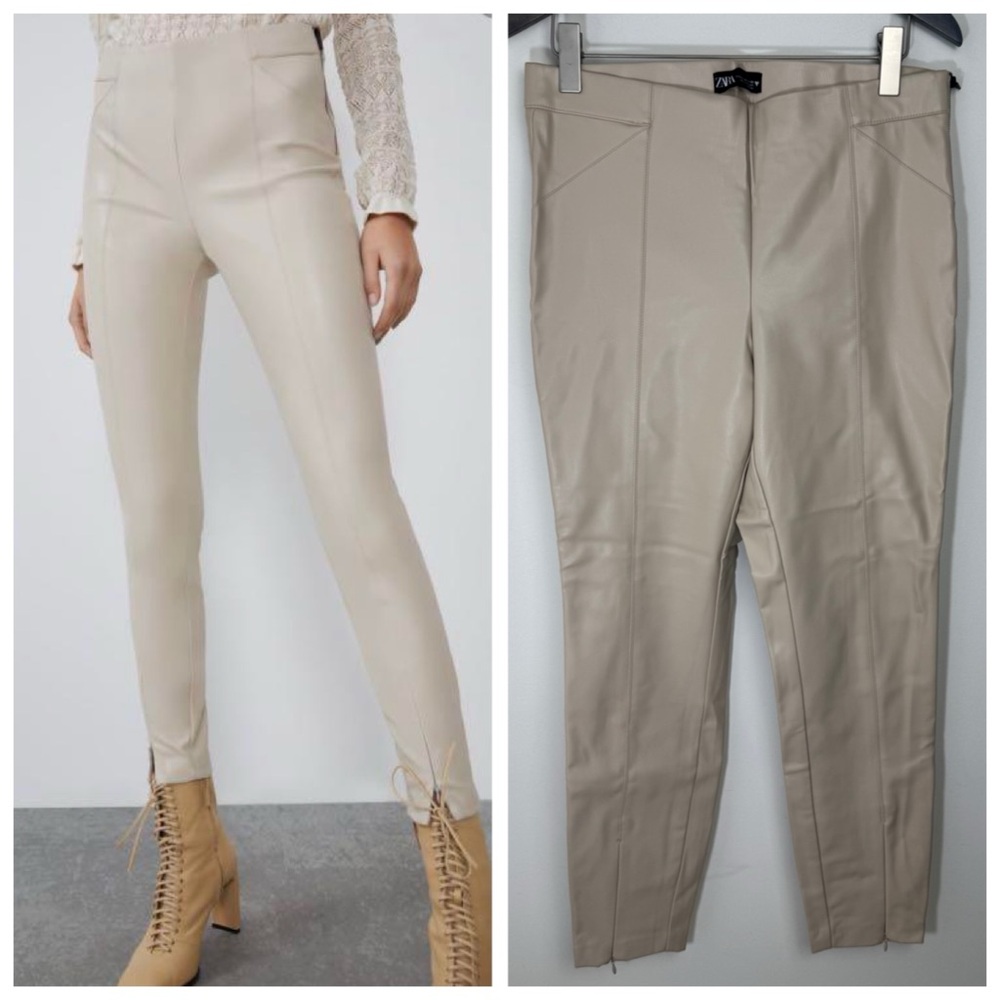 ZARA Bloggers Fave High Waist Vegan Leather Cigarette Legging Sand Beige Size XL